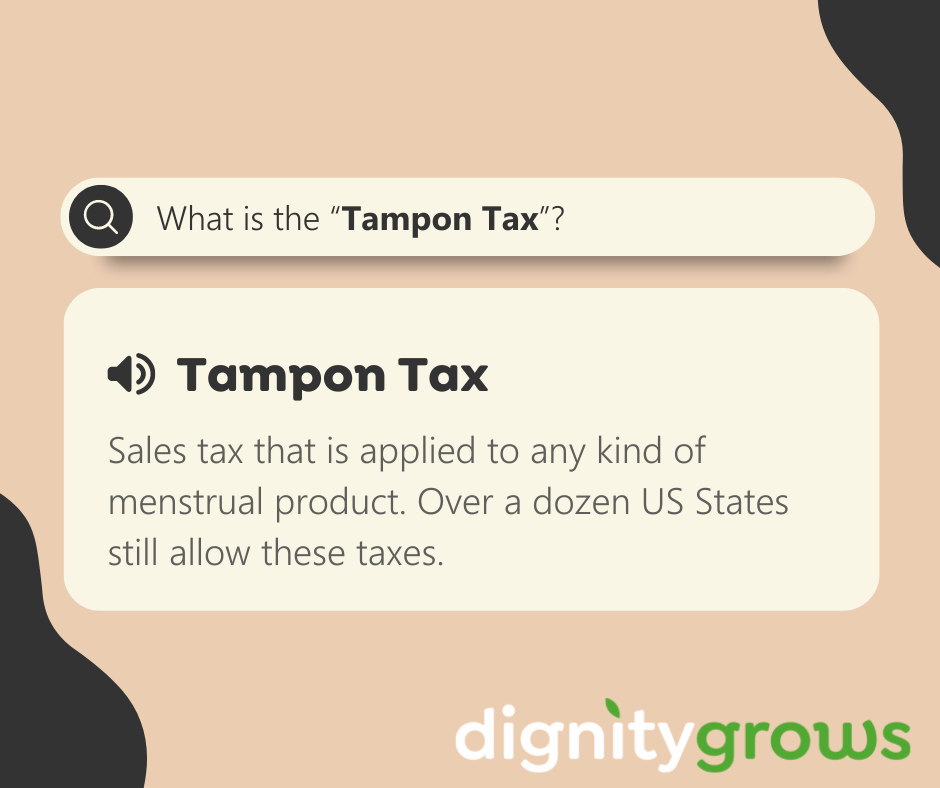 A graphic depicts the definition of 'Tampon Tax' which is a sales tax that is applied to any kind of menstrual product. Over a dozen US states still allow these taxes.