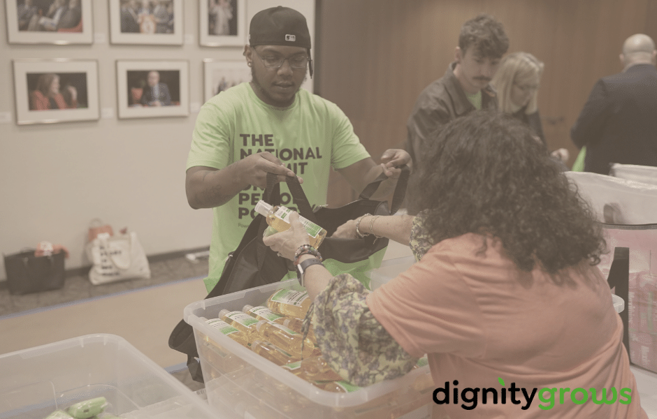 Volunteers participate in a "packing party" to put together hygiene totes for people in need
