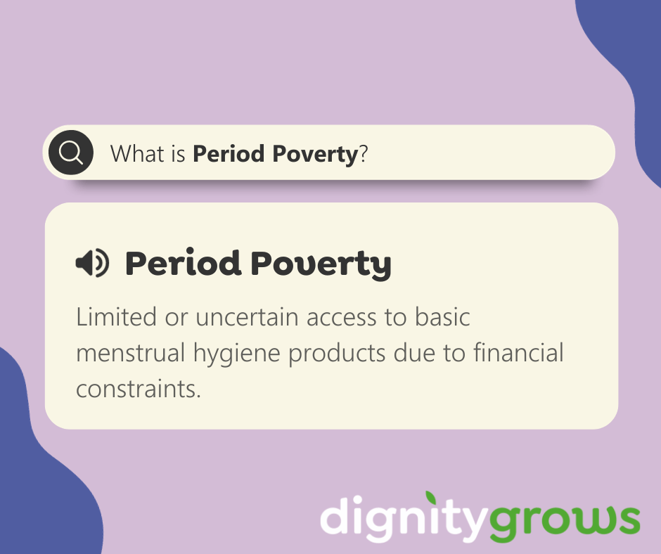 Graphic shows the definition of Period Poverty: limited or uncertain access to basic menstrual hygiene products due to financial constraints by Dignity Grows