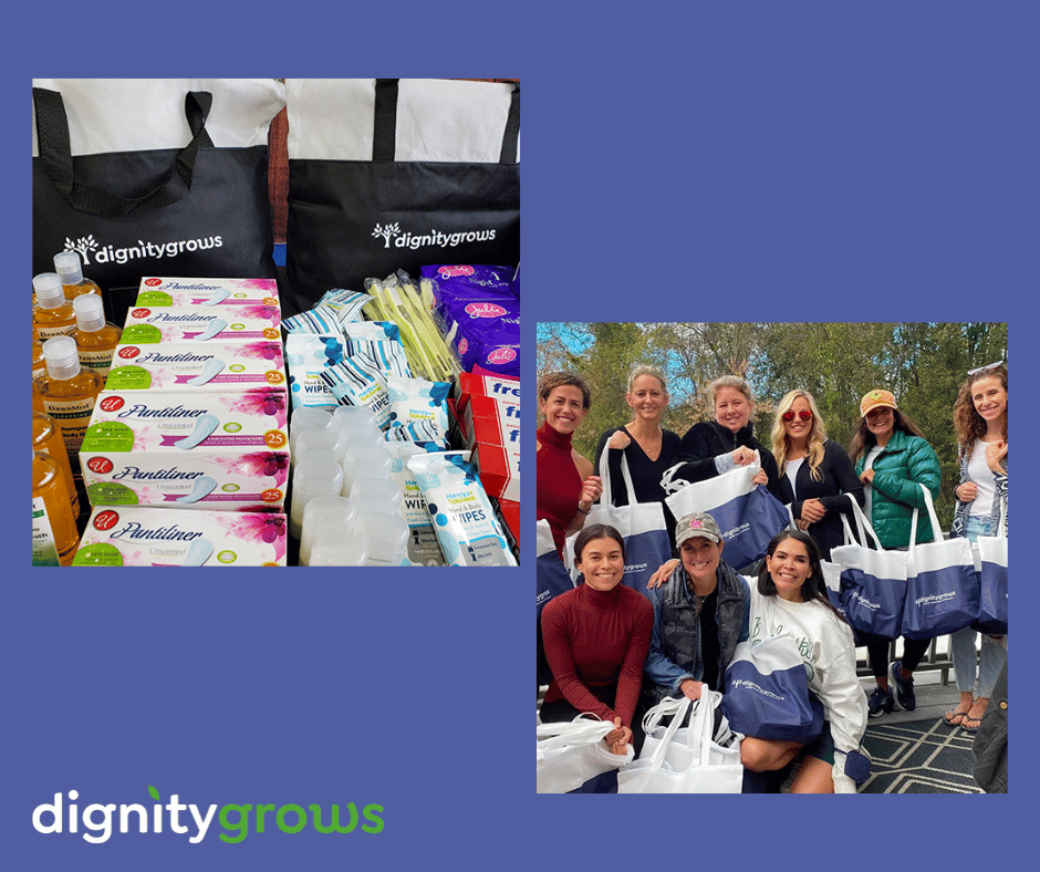 Images show the supplies included in a Dignity Grows hygiene tote and a group of group of volunteers holding the completed bags.